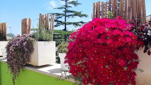 Jardim no terraço com plantas em vasos e cerca de bambu.