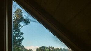 Ein Zimmer mit großem Fenster und Blick auf See und Wald.