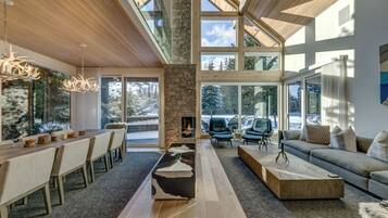 Smart TV, fireplace, video games, DVD player