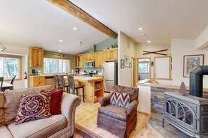 TV, fireplace, books