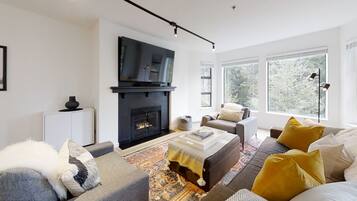 Smart TV, chimenea, libros y estéreo