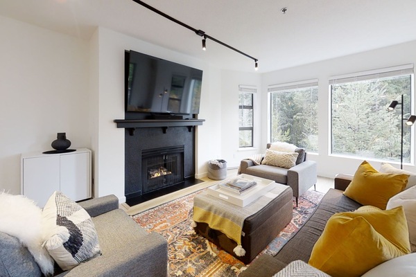 Smart TV, fireplace, books, stereo