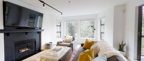 Smart TV, fireplace, books, stereo