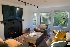 Smart-TV, Kamin, Bücher, Stereoanlage