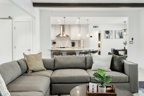 TV, fireplace, books