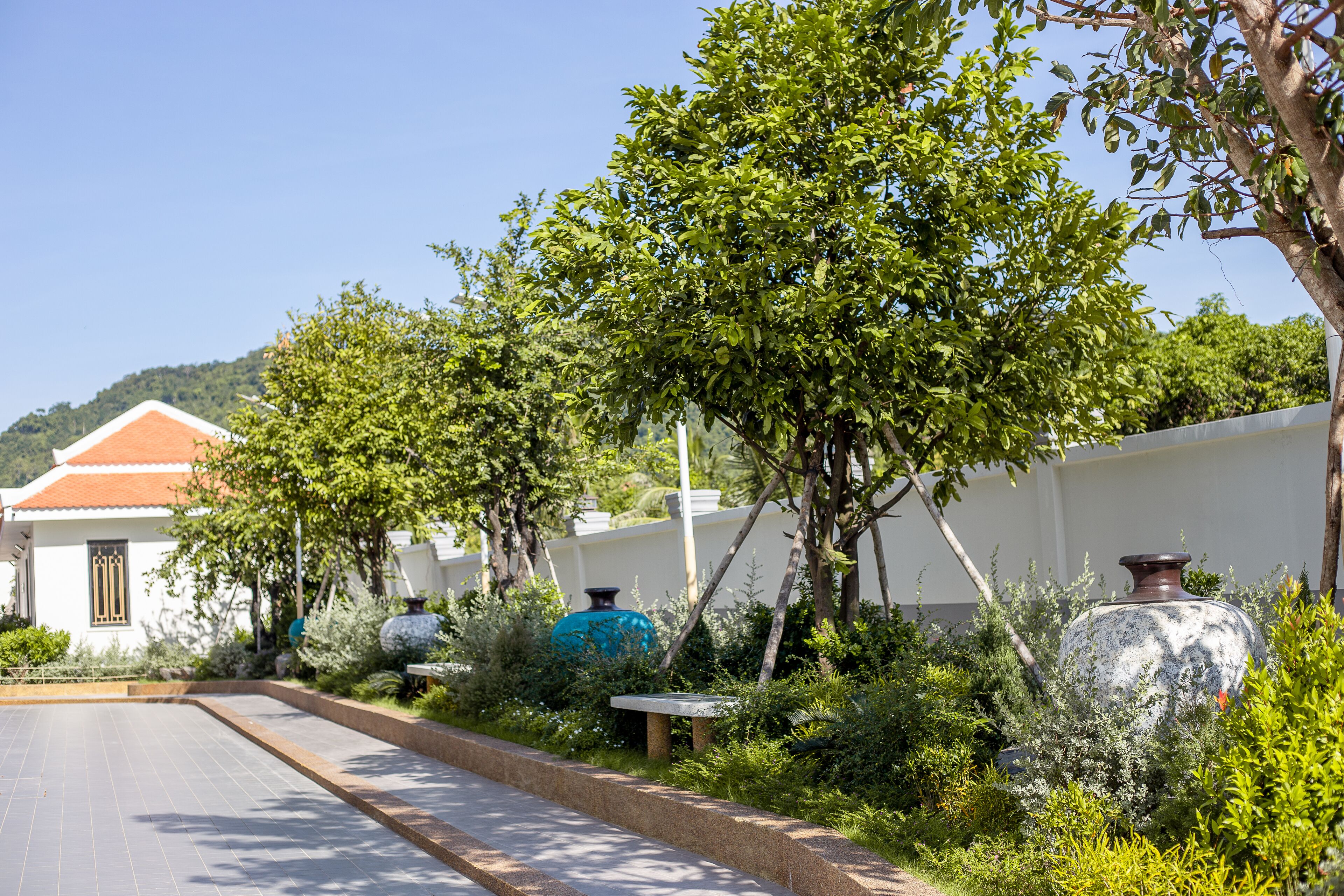 A pathway lined with trees and potted plants, leading to a building with a red roof.