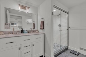 Hair dryer, bathrobes, towels, soap