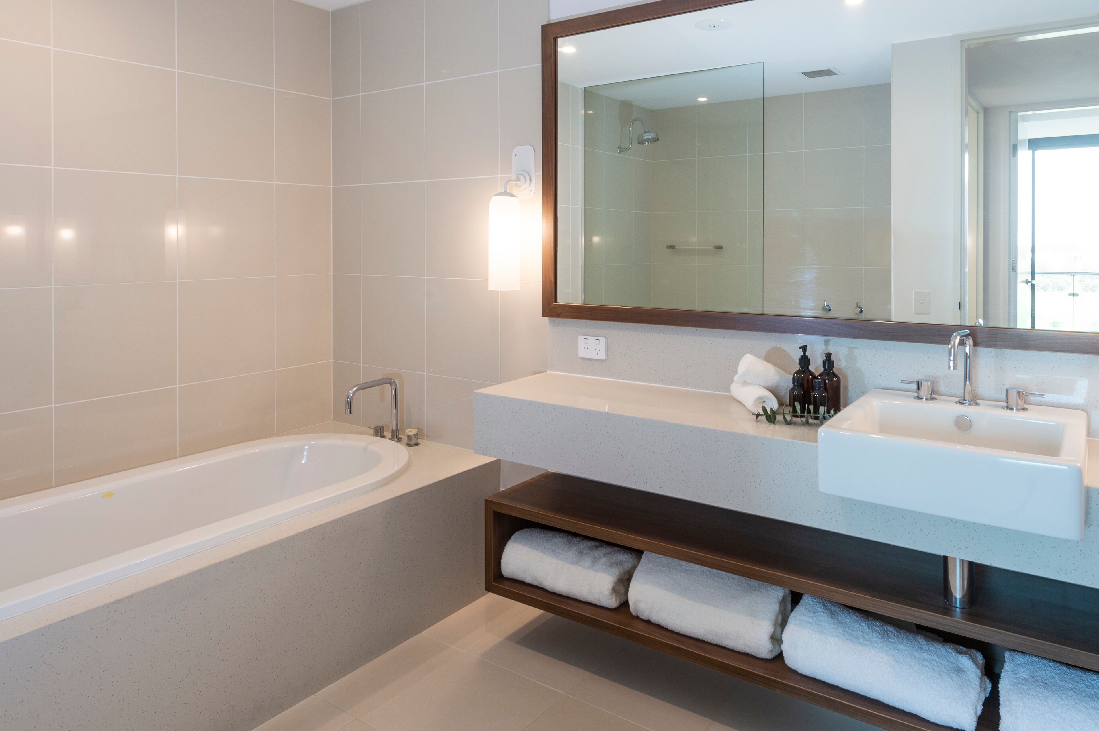 hair dryer, towels, soap, shampoo