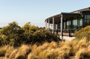 Um edifício moderno com telhado curvo e grandes janelas, rodeado por arbustos densos e gramíneas altas.