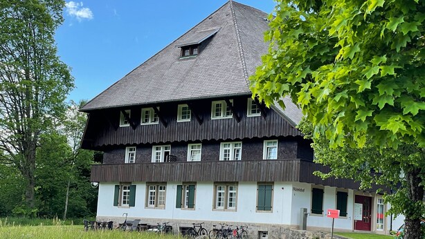 A traditional multi-story building with a steeply pitched roof, large windows, and a balcony.