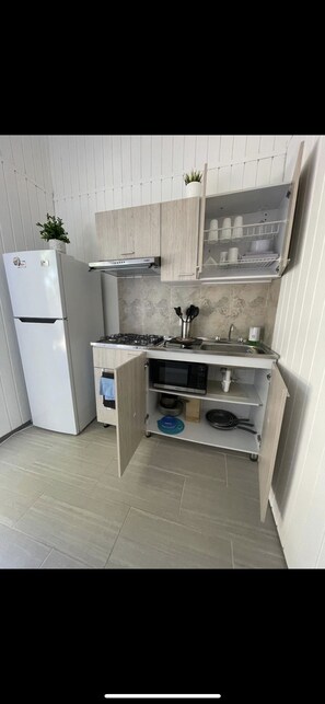 Fridge, microwave, stovetop, toaster