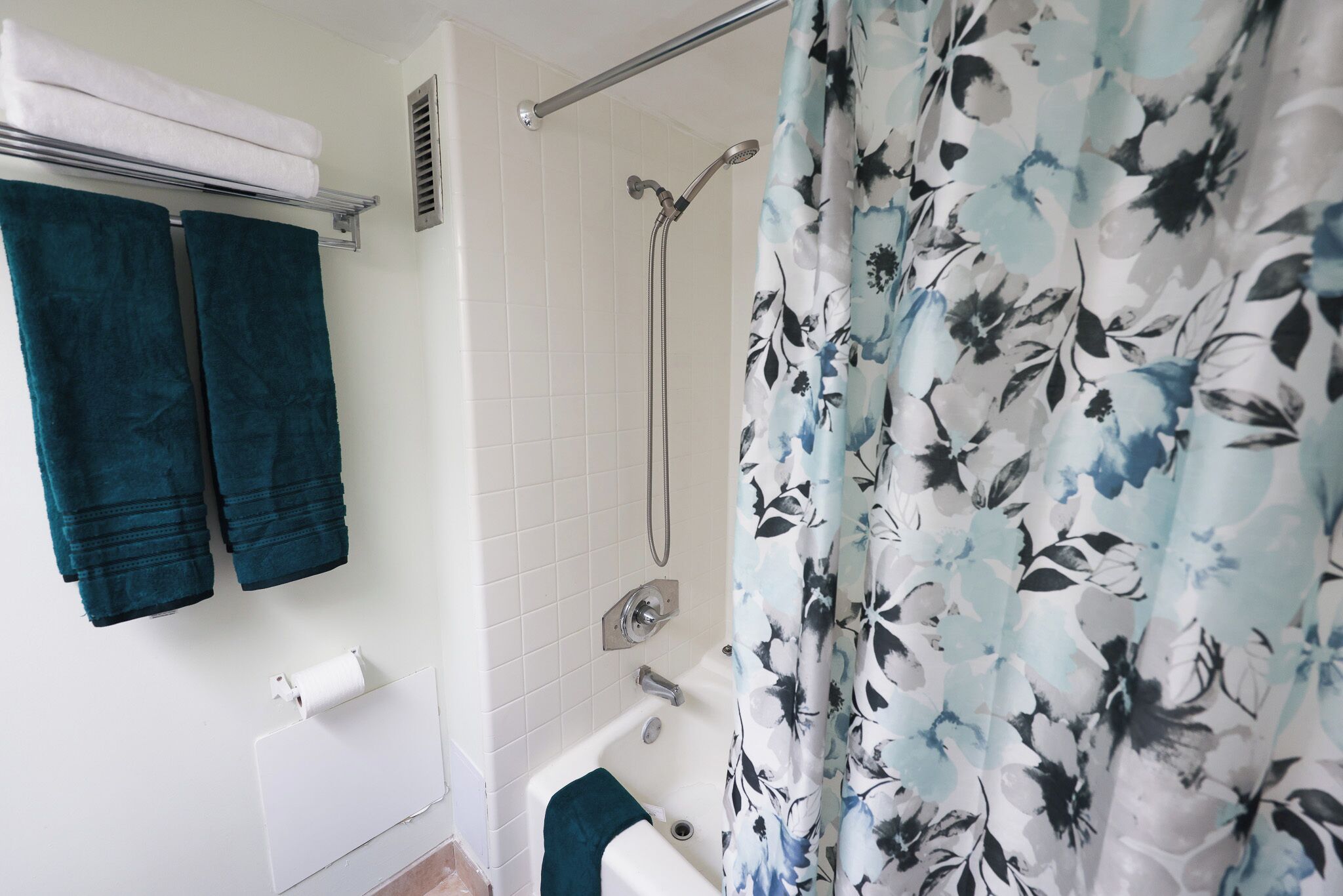 Combined shower/bathtub, hair dryer, bidet, towels