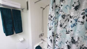 Combined shower/bathtub, hair dryer, bidet, towels