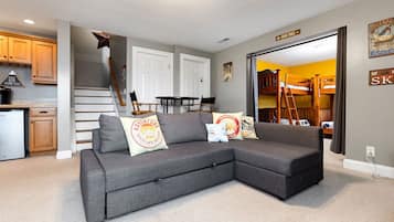 Smart TV, fireplace, video games, DVD player