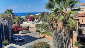 Zona residencial con vista al mar, palmeras y coches aparcados.