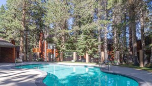 A swimming pool with a curved edge, surrounded by a paved area and tall trees. - Remodeled Meadowridge Family Retreat! Wifi, Spa (Mammoth Lakes)