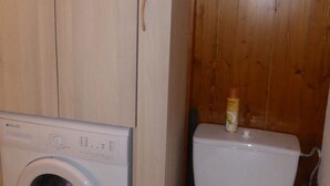 A washing machine and a toilet in a room with wooden walls. - Studio for 4, opposite ski lift, private terrace (Combloux)