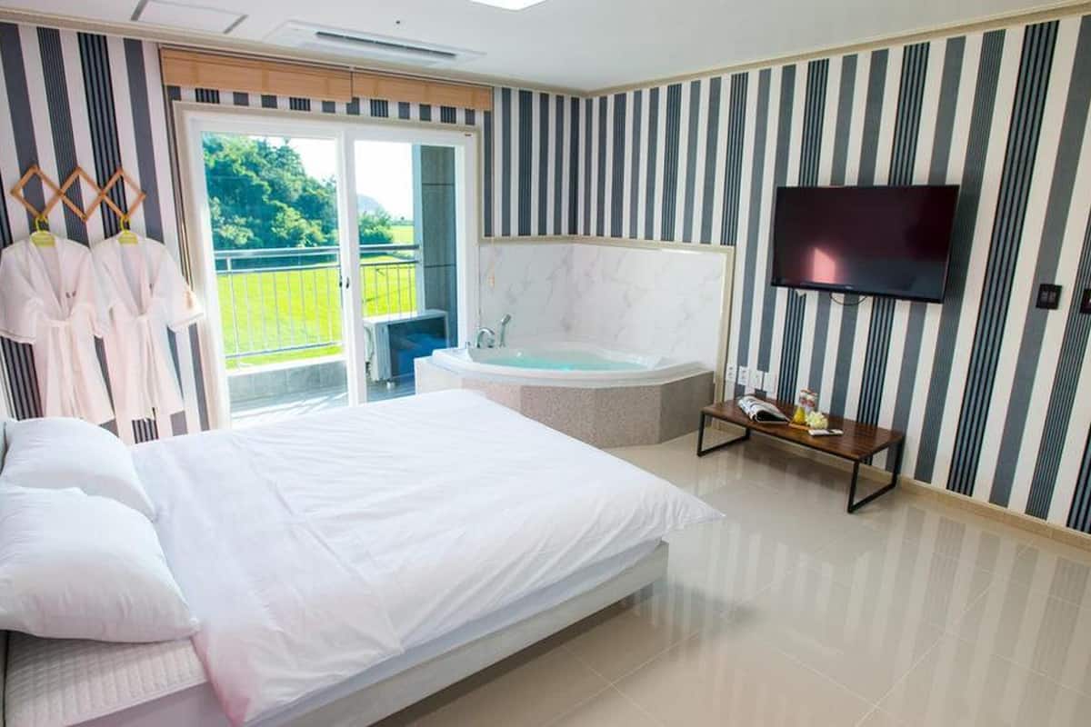 Une chambre avec un grand lit, une baignoire, une télévision et un balcon où du linge est étendu.