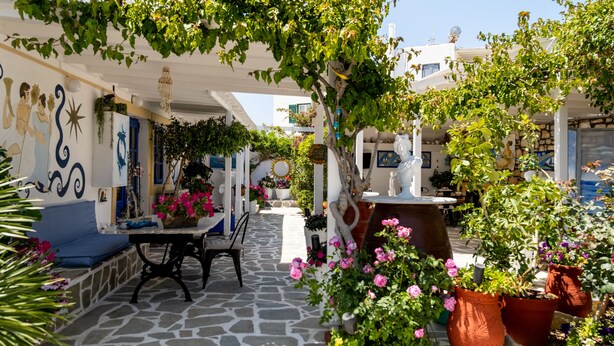 Une cour avec un sol en pierre, une table entourée de chaises, des plantes en pot et une statue.