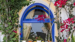Une porte bleue, ornée de plantes et de fleurs en pot.