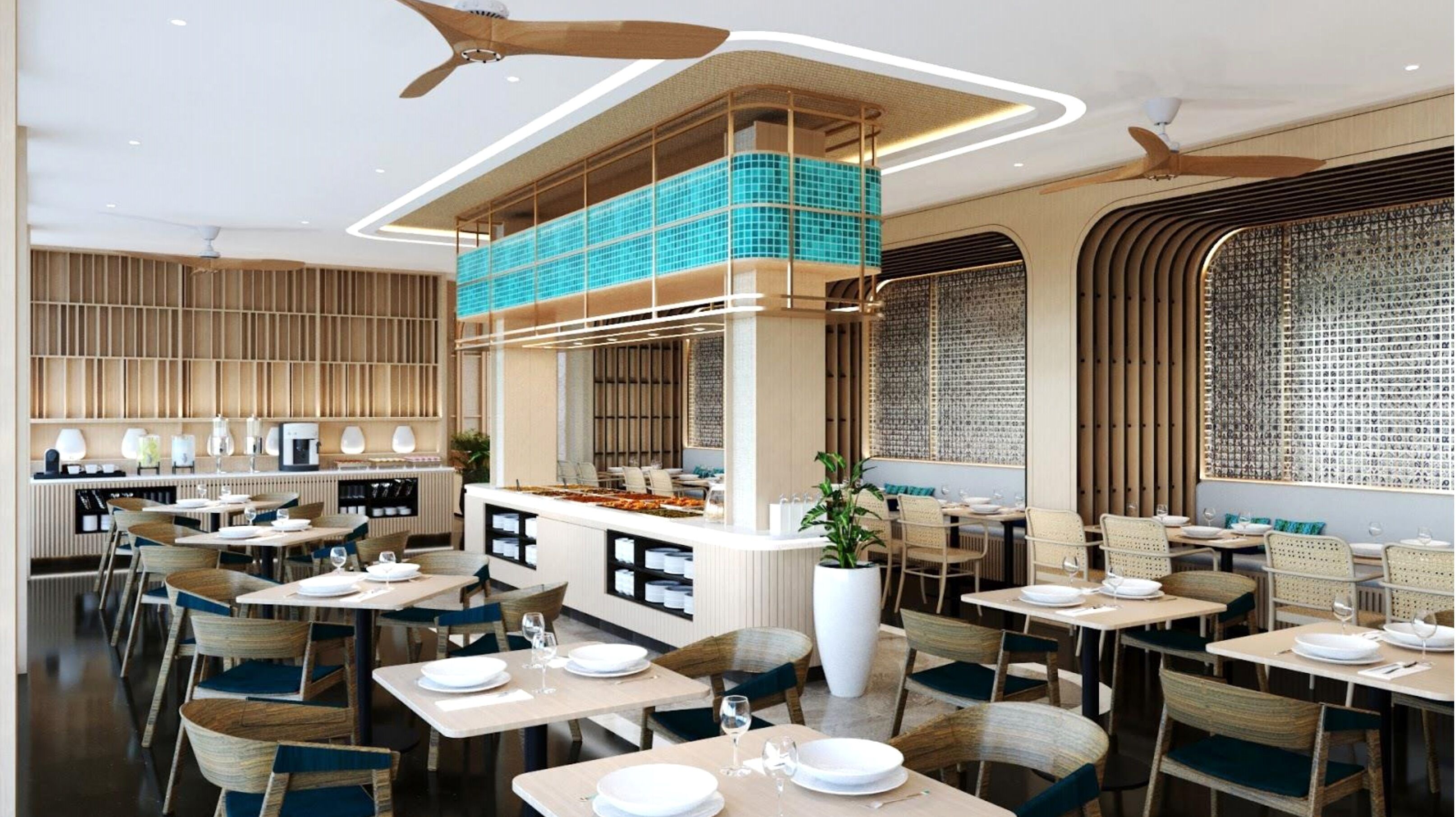 Un restaurant moderne avec un intérieur élégant, de hauts plafonds, un bar central et différents types de sièges, notamment des tables et des chaises.