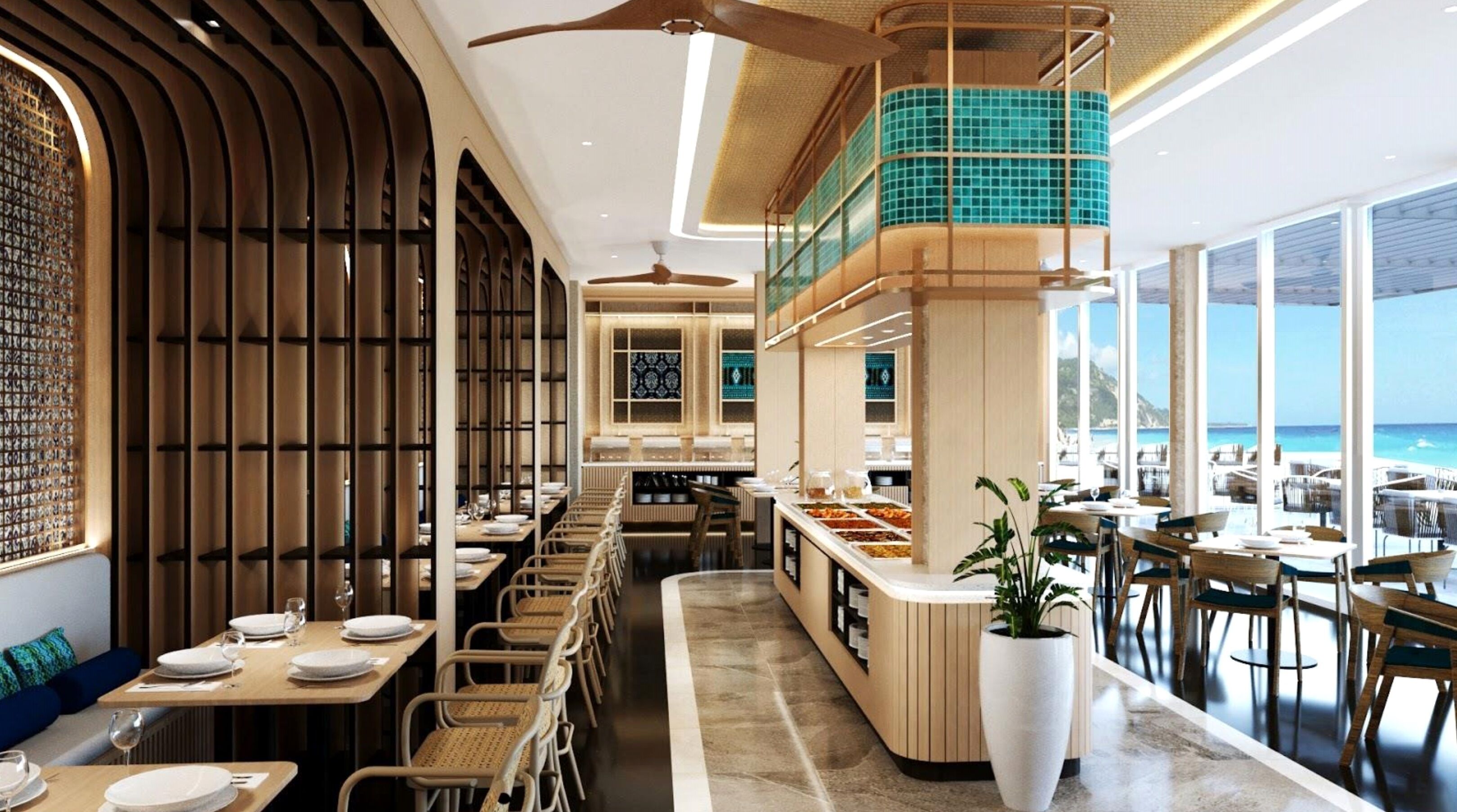 A modern restaurant with a long dining area, a central bar, and a view of the ocean.