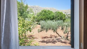 Blick aus dem Fenster auf eine trockene, felsige Landschaft mit vereinzelter Vegetation und blauem Himmel.