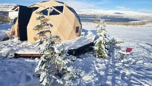 Paisaje nevado con una estructura geodésica, un pequeño árbol y una silla roja en primer plano.
