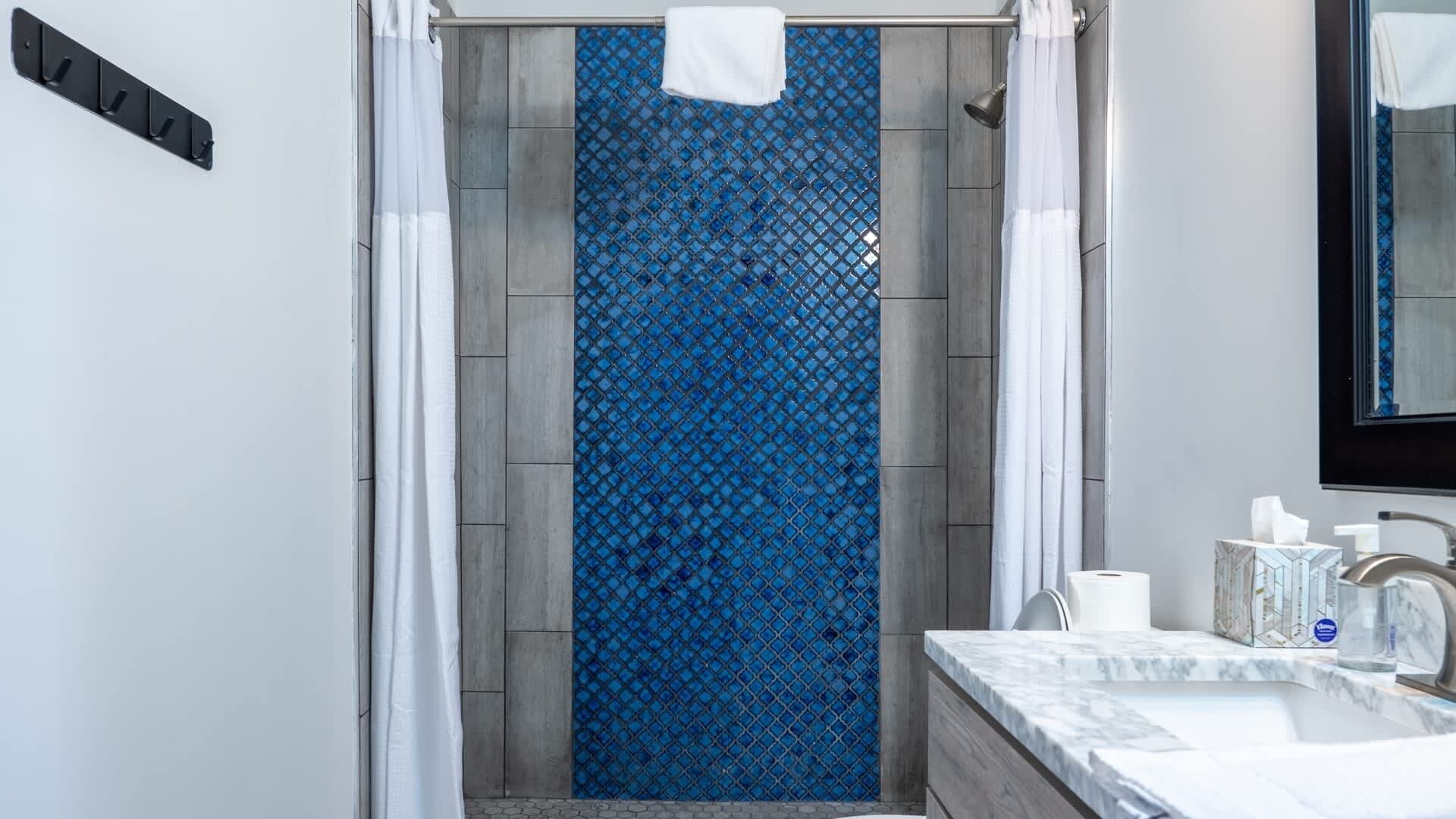 Bathtub, hair dryer, towels, shampoo