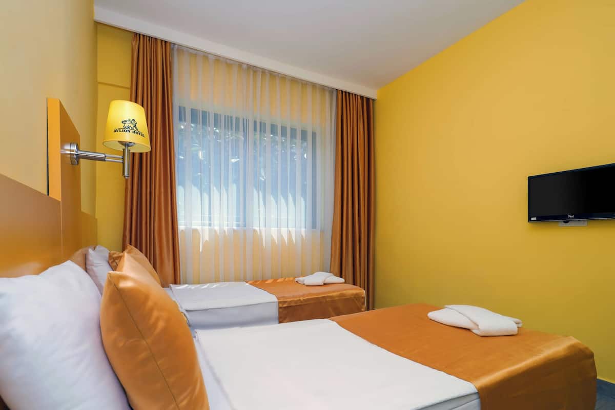 Une chambre d’hôtel avec deux lits, une télévision et une fenêtre avec des rideaux.