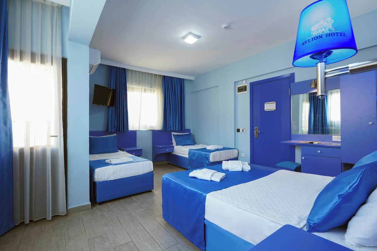 Une chambre d’hôtel avec deux lits, une télévision, un bureau et un miroir.