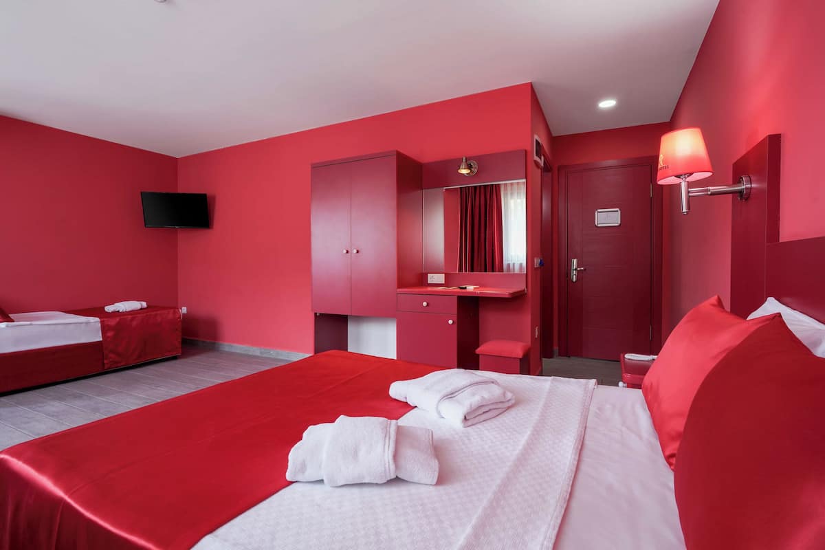 Une chambre d’hôtel avec deux lits, un bureau, un miroir et une télévision.
