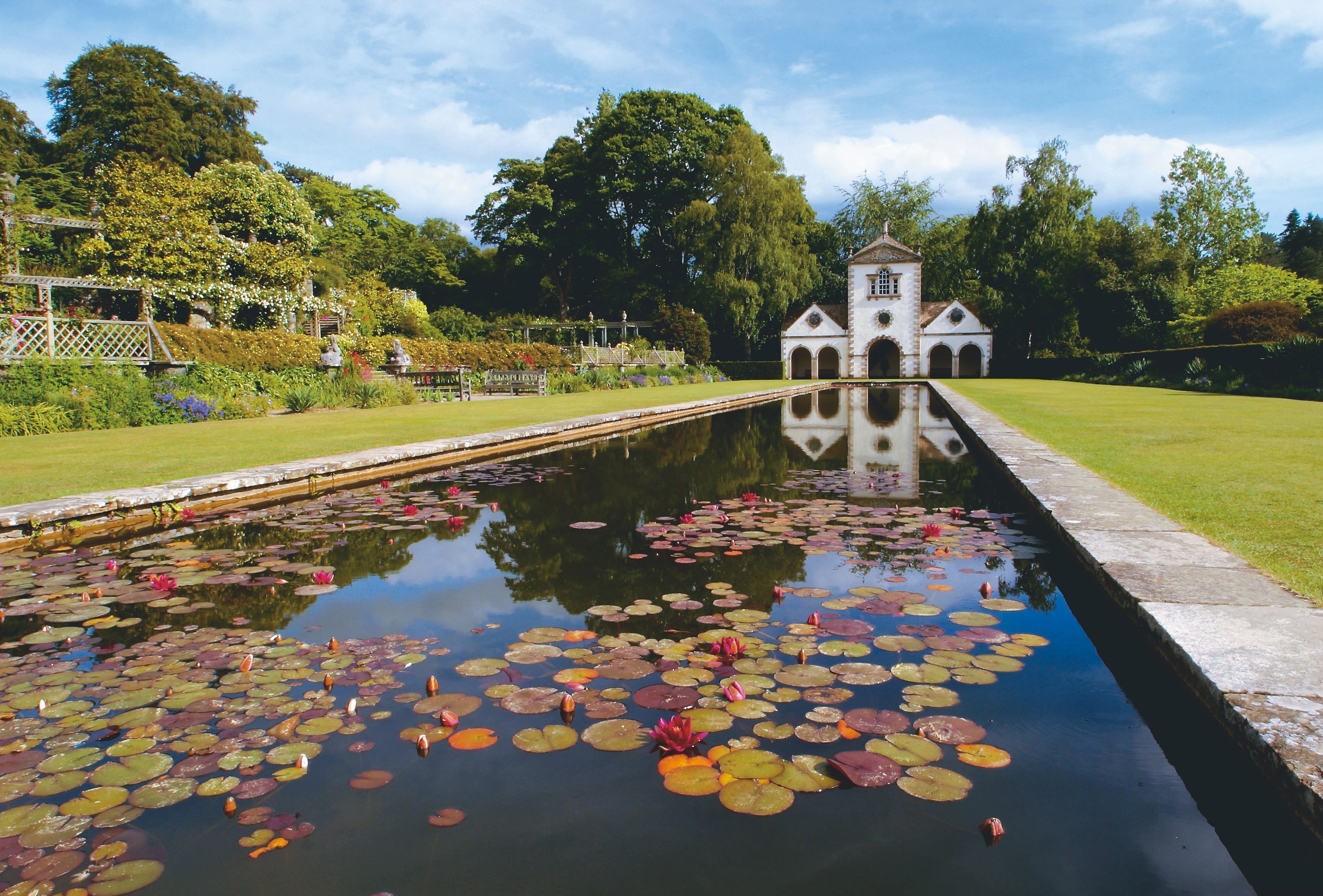 A serene garden with a pond, a small white building, and lush greenery.