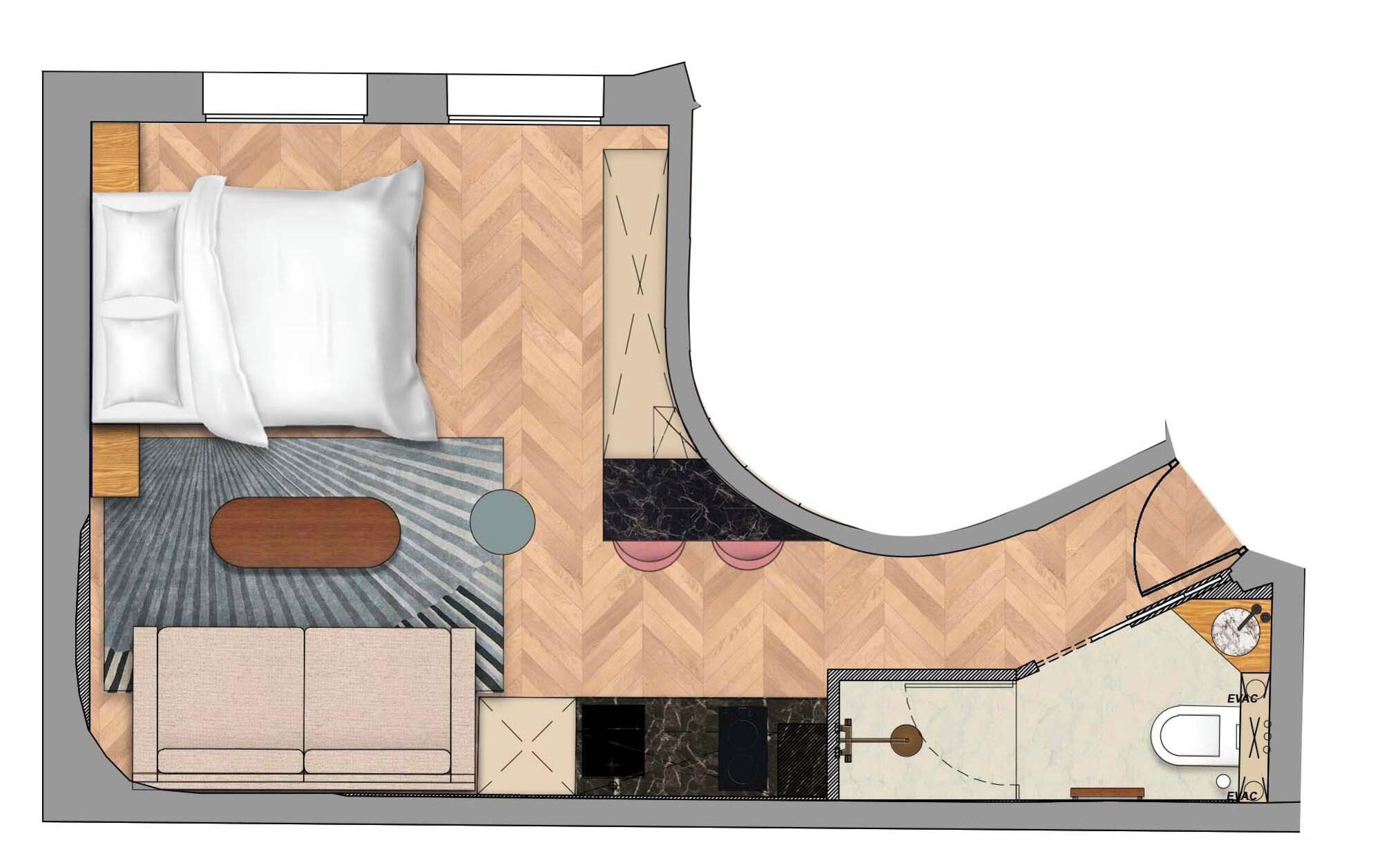 A hotel room layout with a bed, sofa, bathroom, and kitchenette.