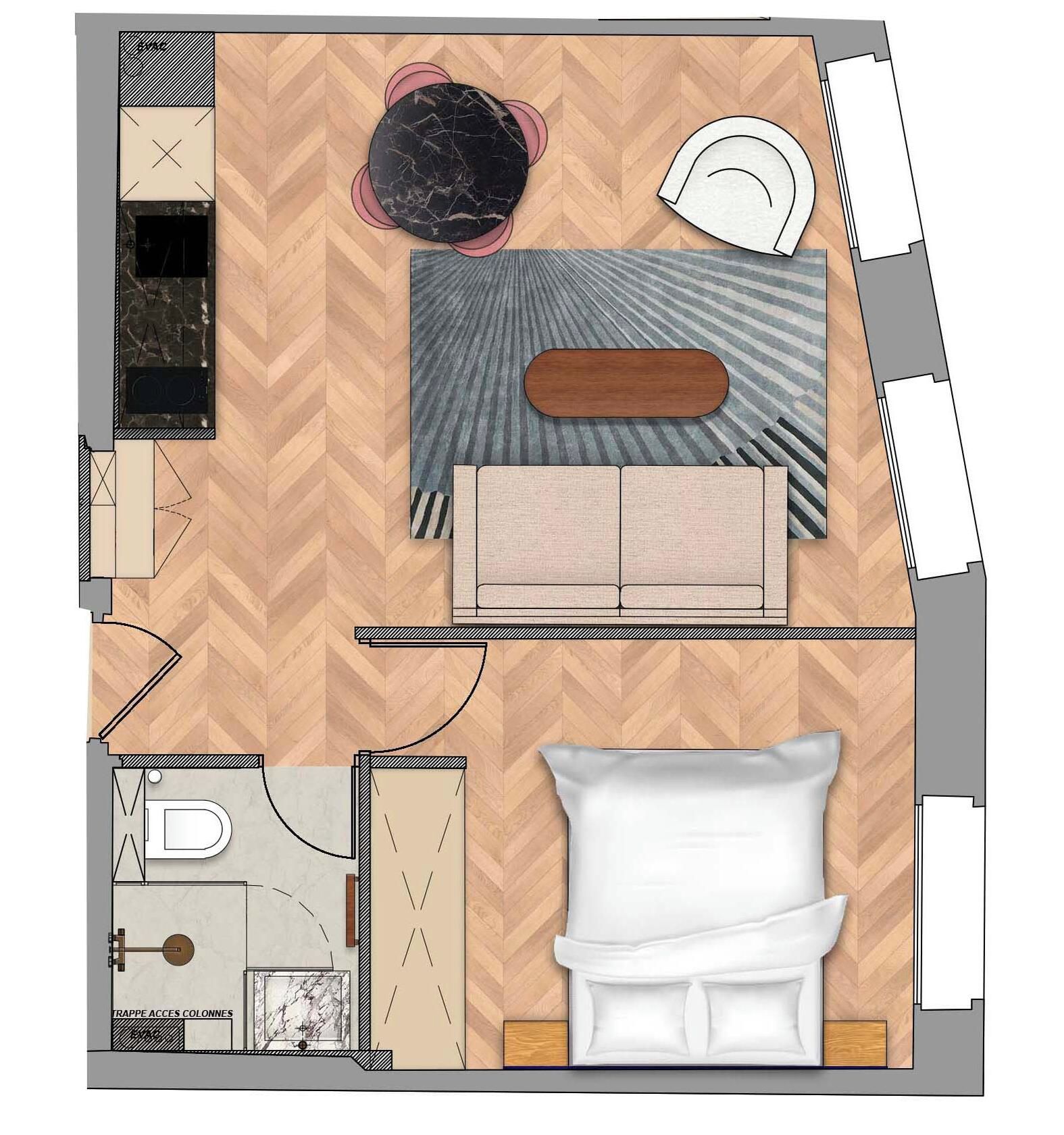 A hotel room layout with a bed, a seating area, a small table, a bathroom, and a closet.