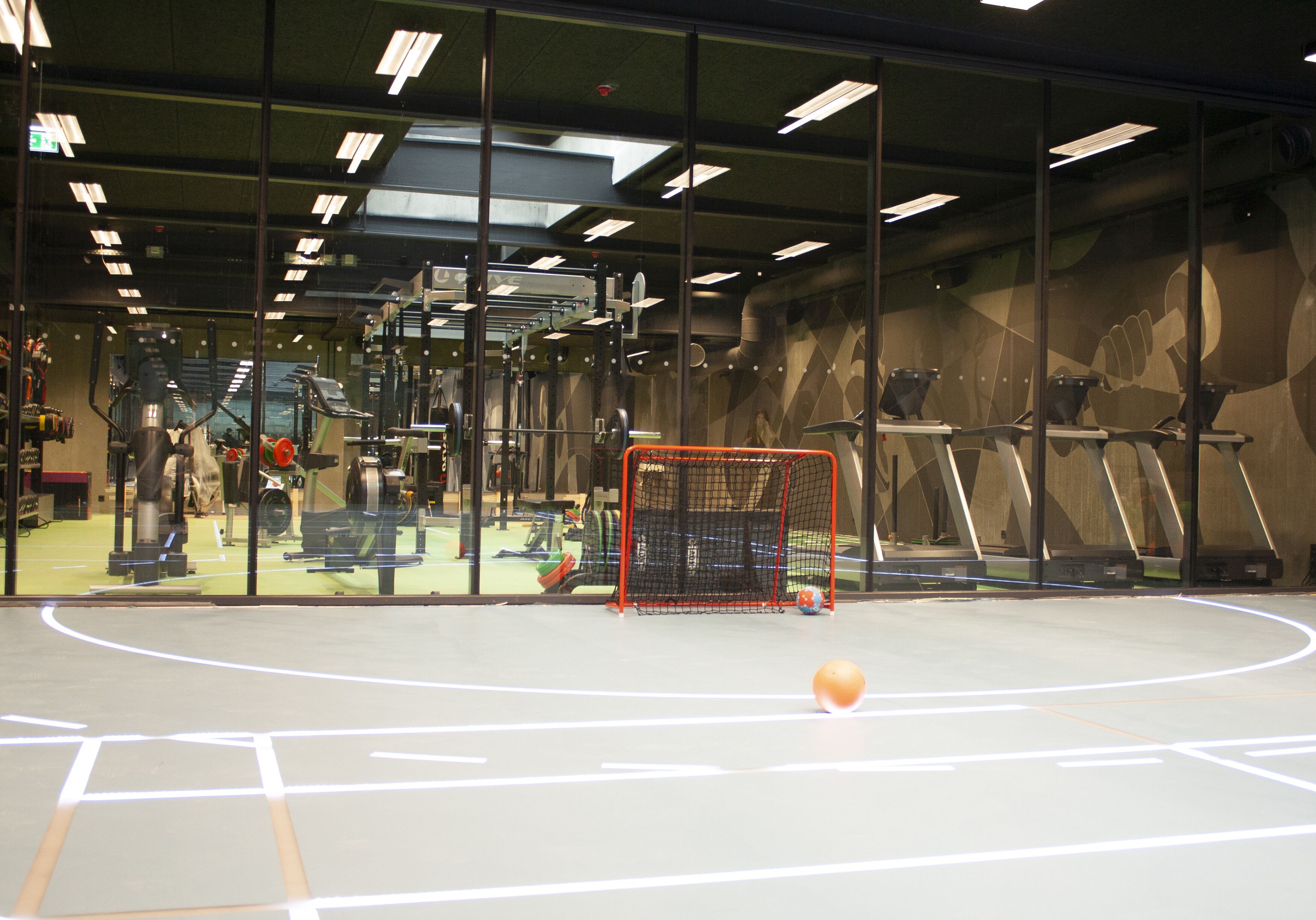 Eine Sporthalle mit Basketballfeld, Trainingsgeräten und einem großen Fenster.