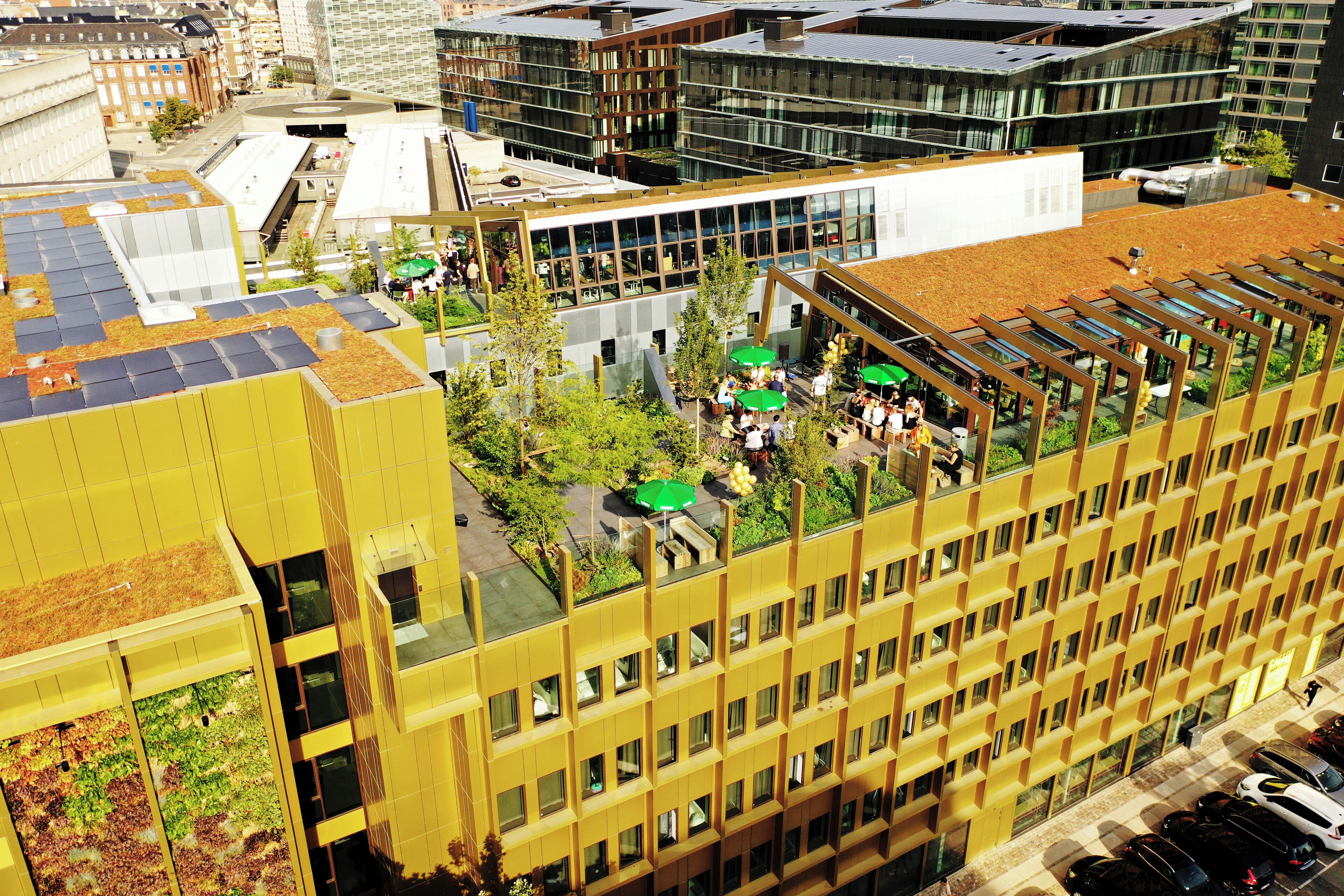 A high-rise building with multiple floors, large windows, and a rooftop garden area with people and umbrellas.