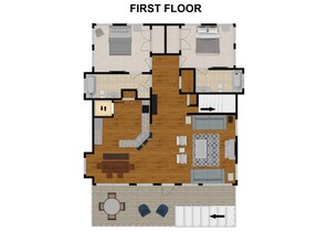 A first-floor floor plan with two bedrooms, a bathroom, a kitchen, a living area, and a dining area. - Clam Shack - Oceanview and waterway view townhome, elevator, pool! (Carolina Beach)