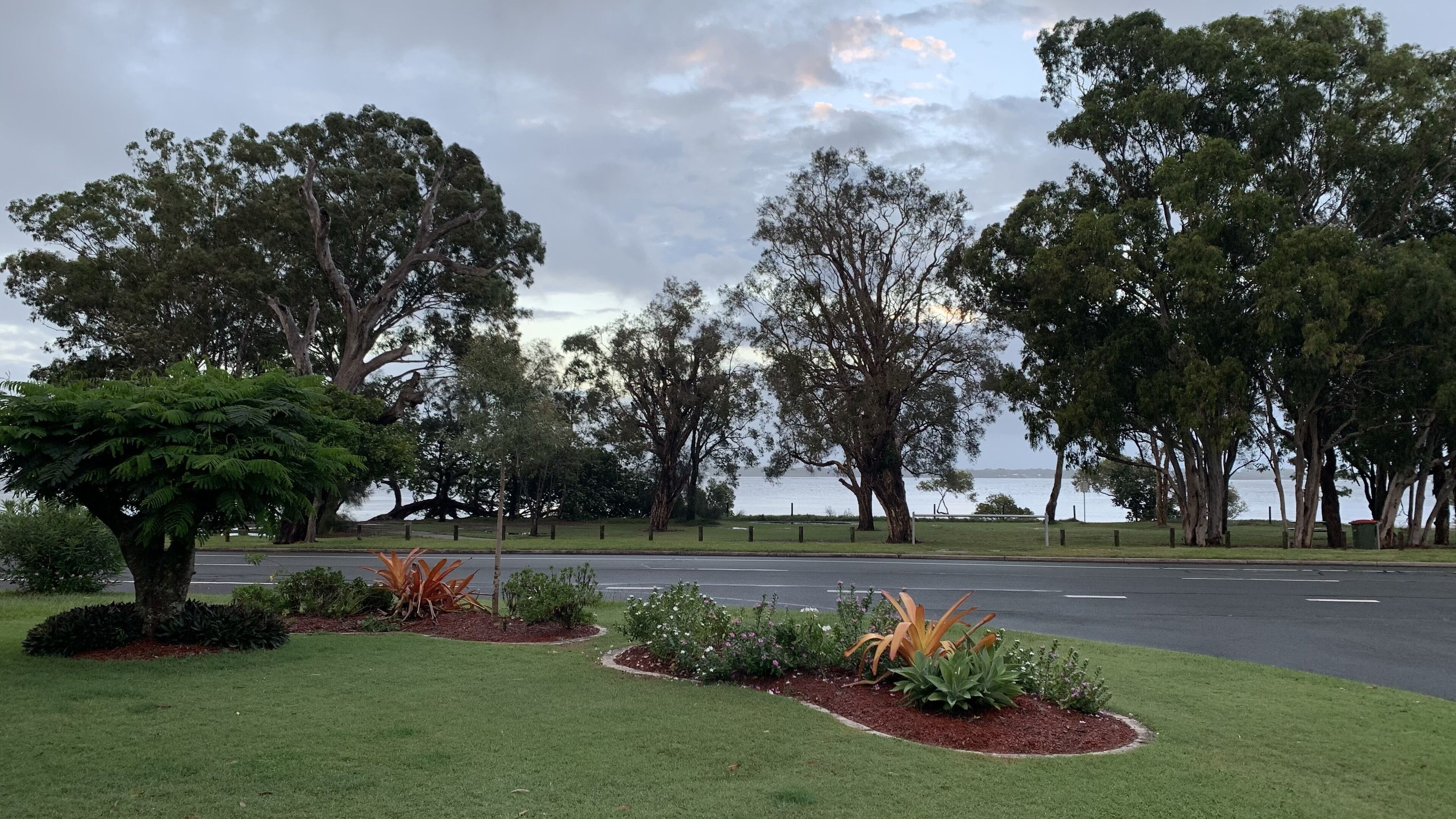 A park with a road, trees, and a body of water in the background.