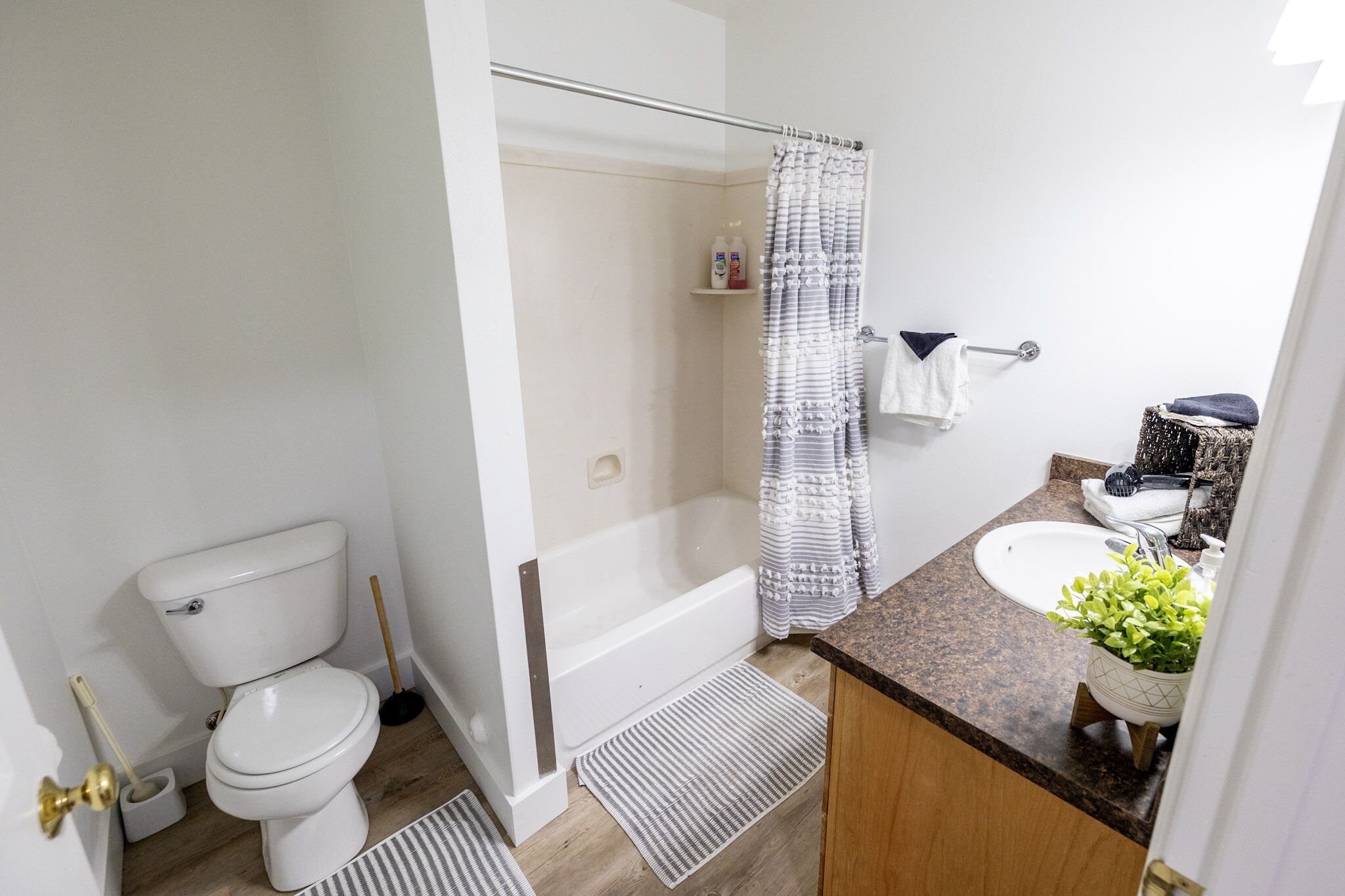 Combined shower/tub, hair dryer, towels, soap