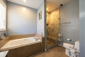 Combined shower/tub, jetted tub, hair dryer, bidet