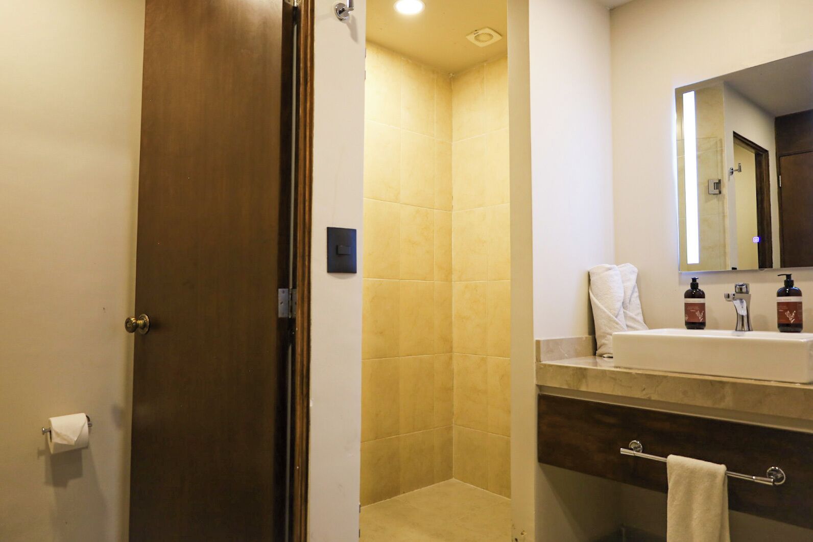A bathroom with a shower, a sink, and a mirror.