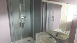 Un baño con ducha envuelta en cristal, un lavabo y un espejo.