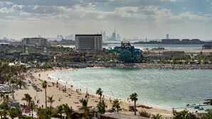 Una playa con palmeras, una orilla arenosa y una extensa masa de agua.