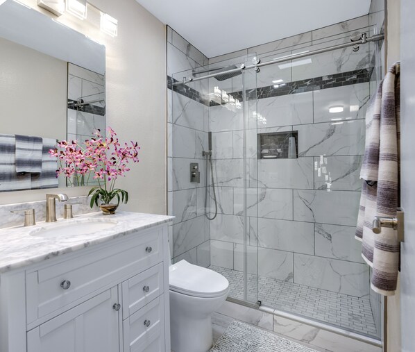 Bathtub, hair dryer, towels, soap