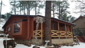 A log cabin with a wooden porch and a bird feeder. - Rustic Cabin Bordering the Pines, Less than 1mi to DT Square (Prescott)