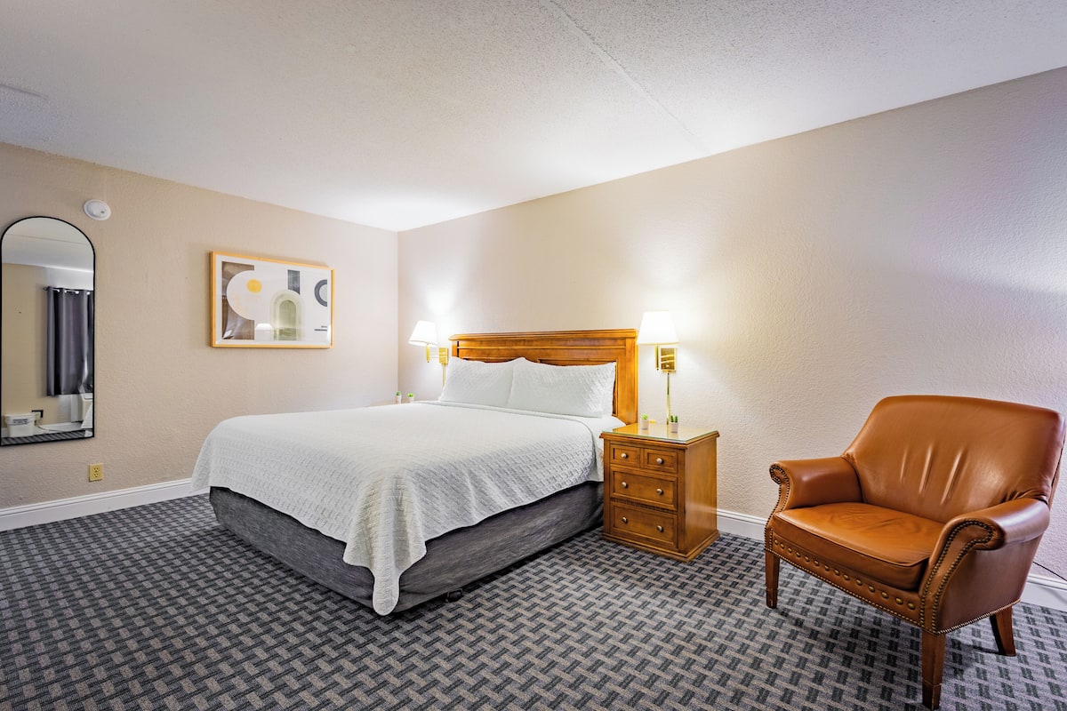 Habitación de hotel con cama, una silla, mesita de noche con lámparas, un espejo y un cuadro en la pared.