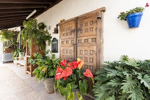 Stunning entrance with lush greenery and vibrant flowers, set against a white backdrop.