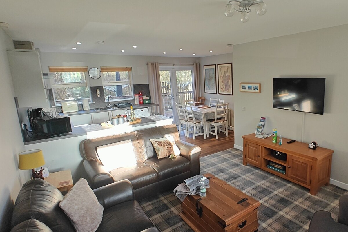 A modern living room with a sofa, coffee table, and a TV. There's a kitchen area with a dining table and chairs.