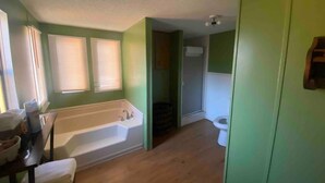 A bathroom with a bathtub, toilet, and a shower area. - Beautiful  Water Front  Cabins (Georgetown)